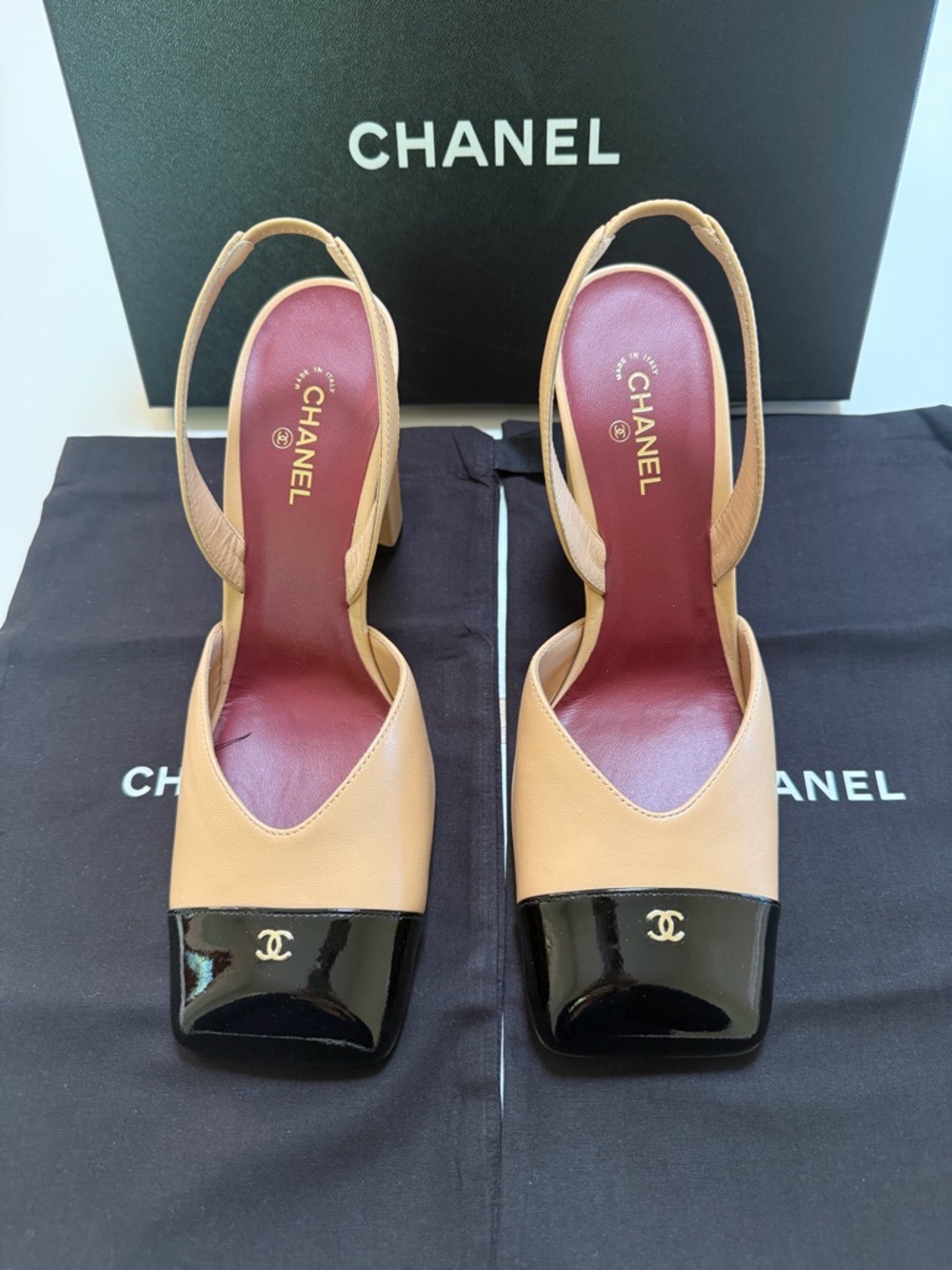 CHANEL 2026 Beige and Black Patent Cap Slingback Pumps